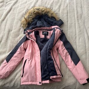 Girls winter/ski jacket, pink, fur hood, waterproof, pink and black, size 10/12